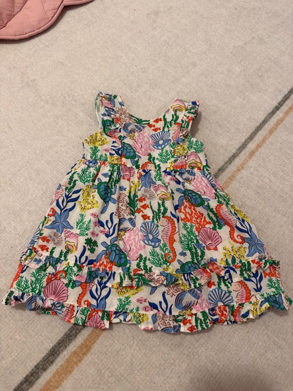 Mini Boden Multicolor Ocean Print Ruffle Dress - White Base